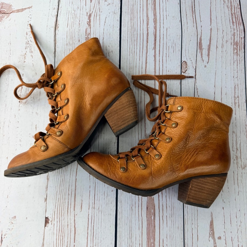 BP. Tan Leather Lace Up Ankle Boots Stacked Block Heel Brown 7.5M